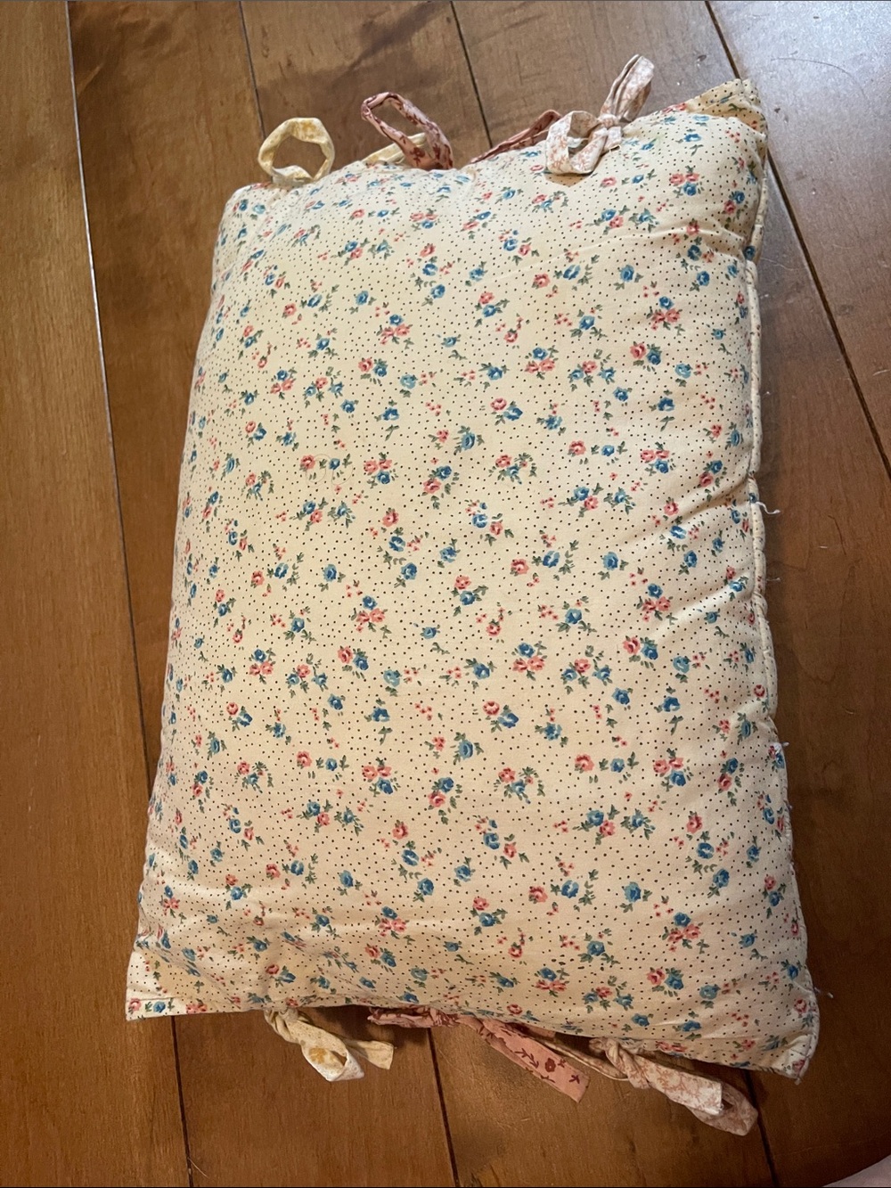 Cream Floral Tie-Trim Kids Pillow with Pink & Blue Accents